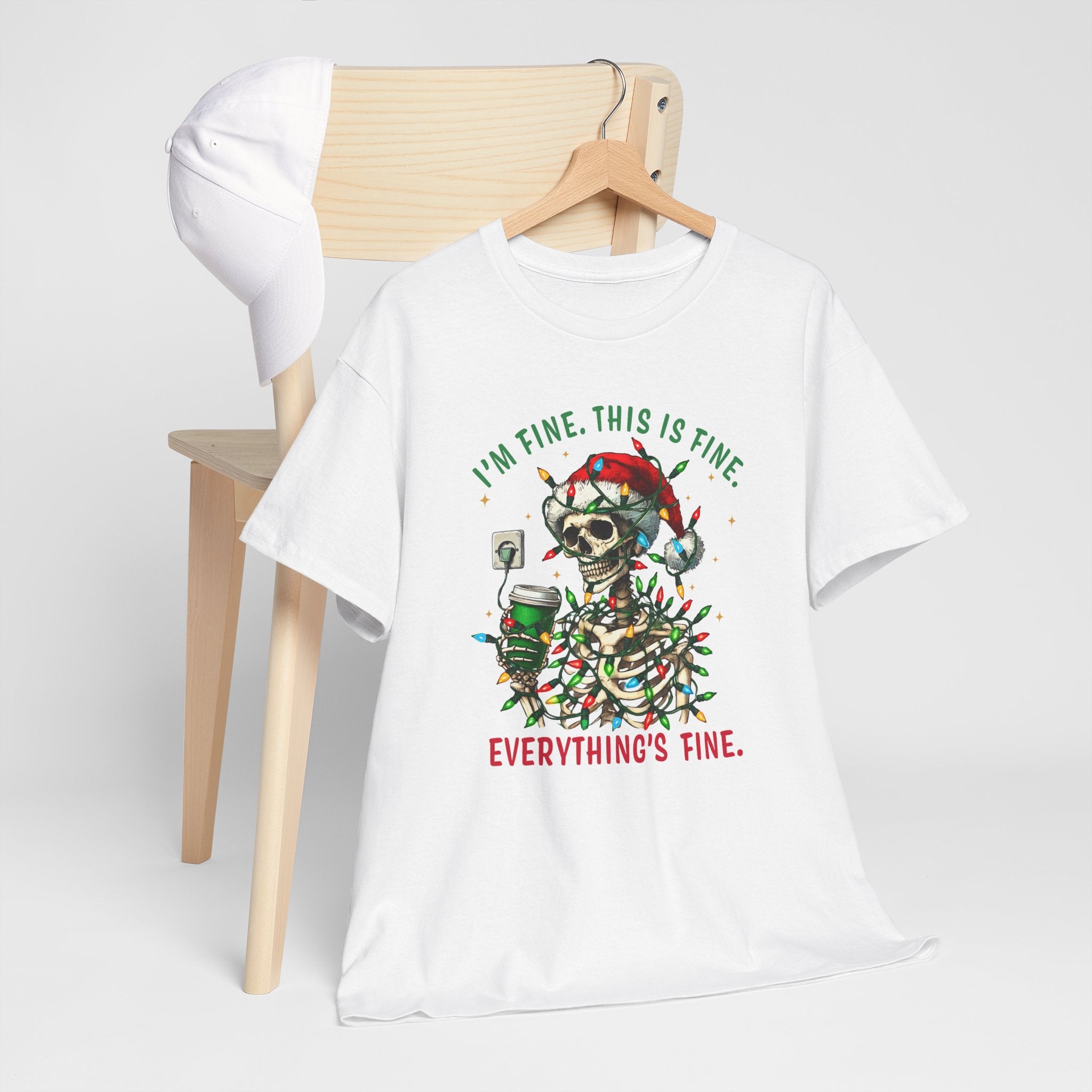 Funny Christmas Skeleton Tee - 'I'm Fine, This is Fine' Holiday T-Shirt