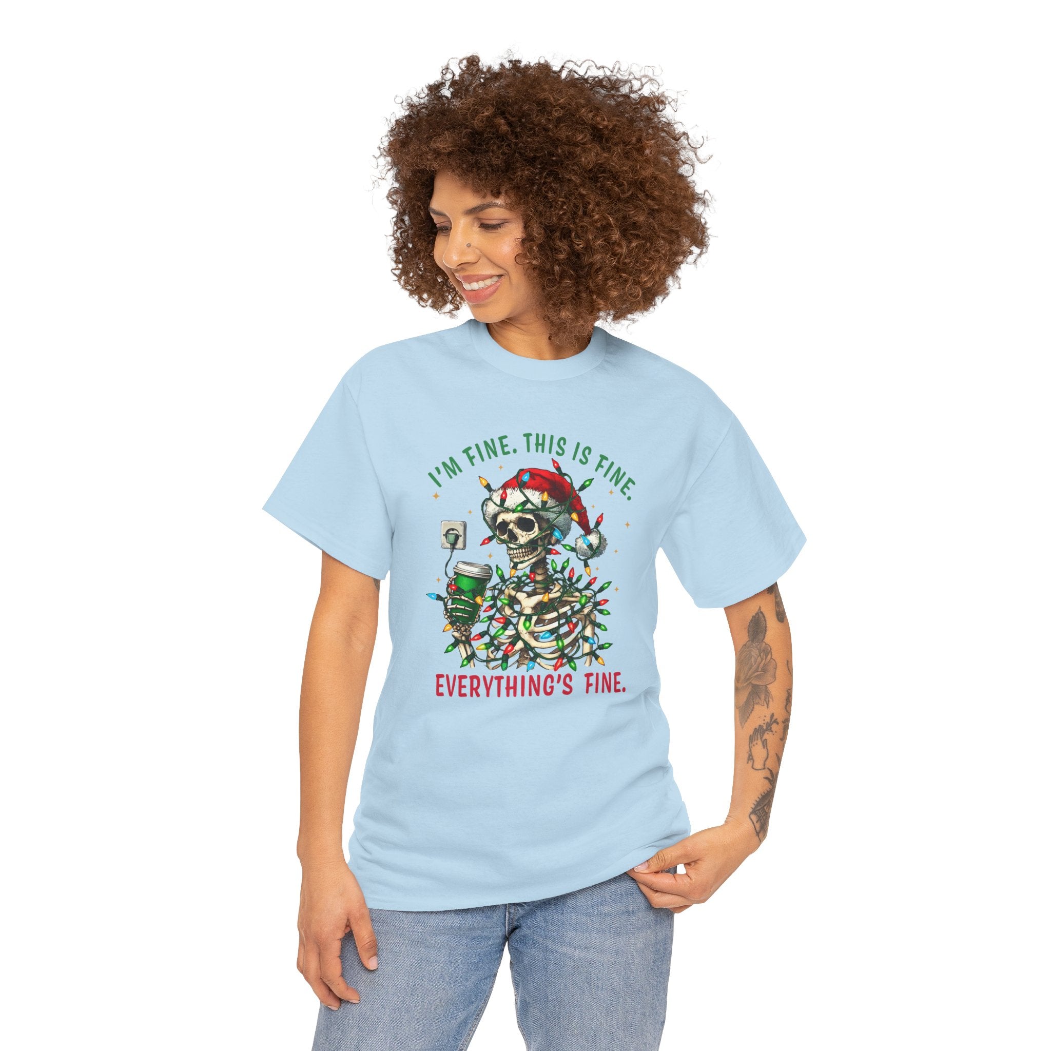 Funny Christmas Skeleton Tee - 'I'm Fine, This is Fine' Holiday T-Shirt