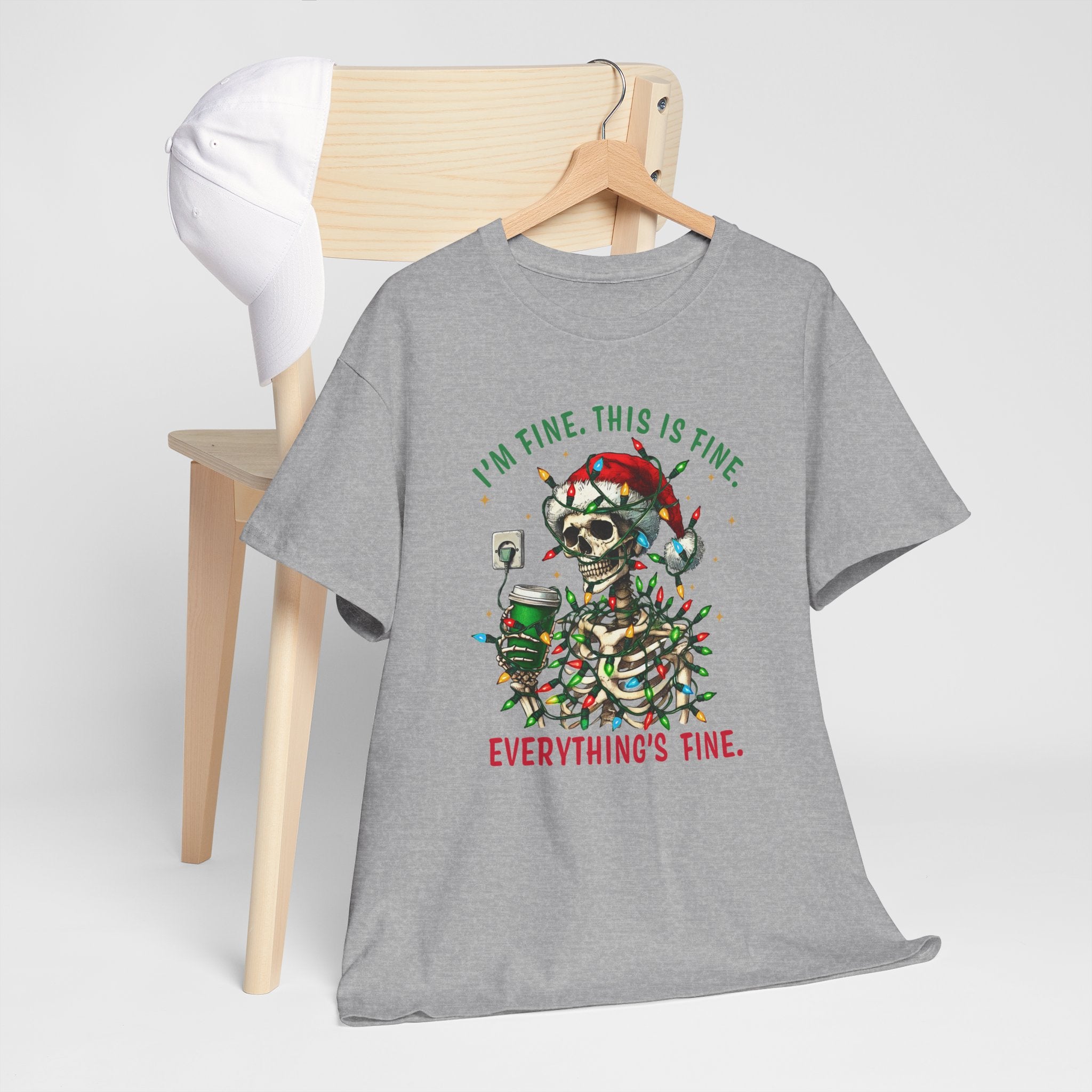 Funny Christmas Skeleton Tee - 'I'm Fine, This is Fine' Holiday T-Shirt