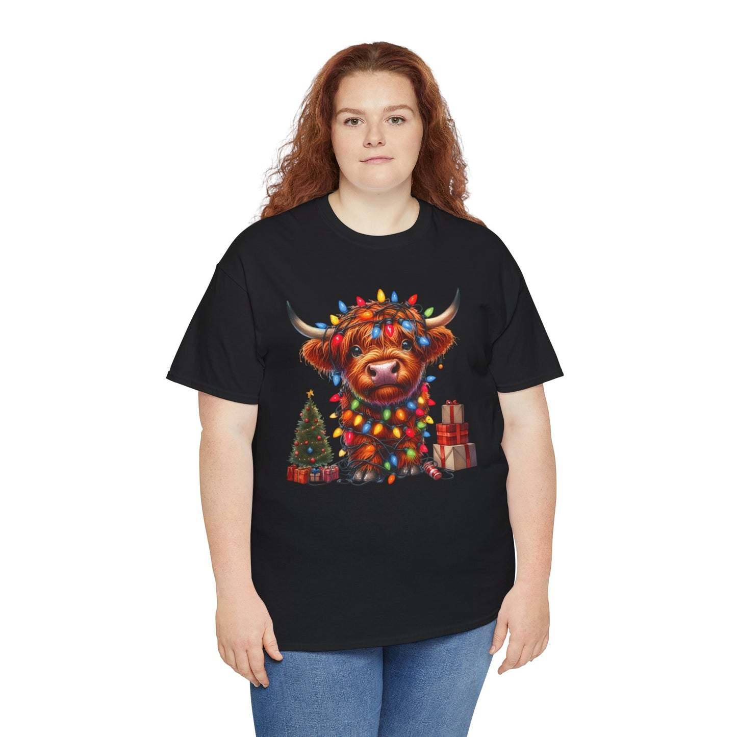 Festive Highland Cow Heavy Cotton Tee - Holiday Cheer