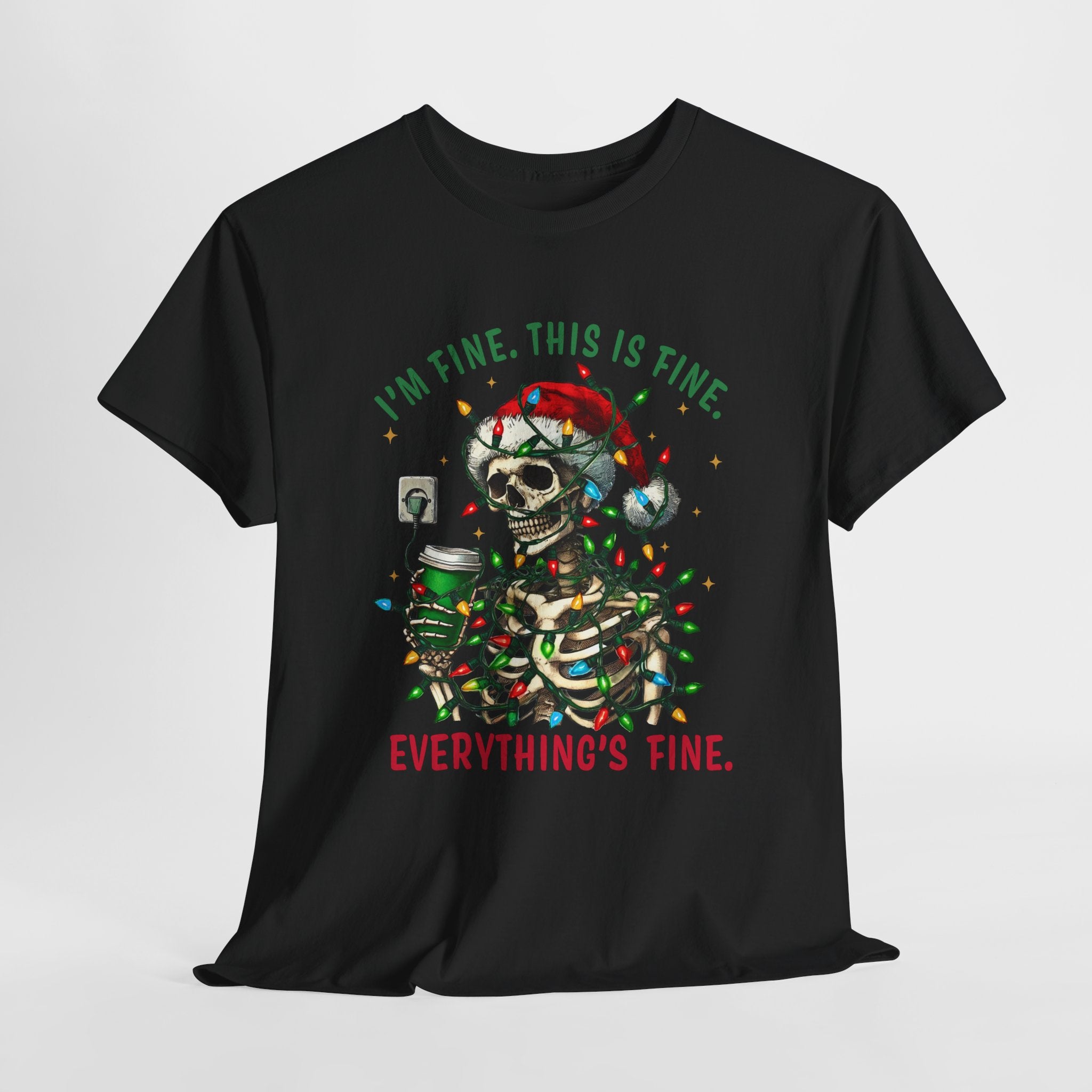 Funny Christmas Skeleton Tee - 'I'm Fine, This is Fine' Holiday T-Shirt