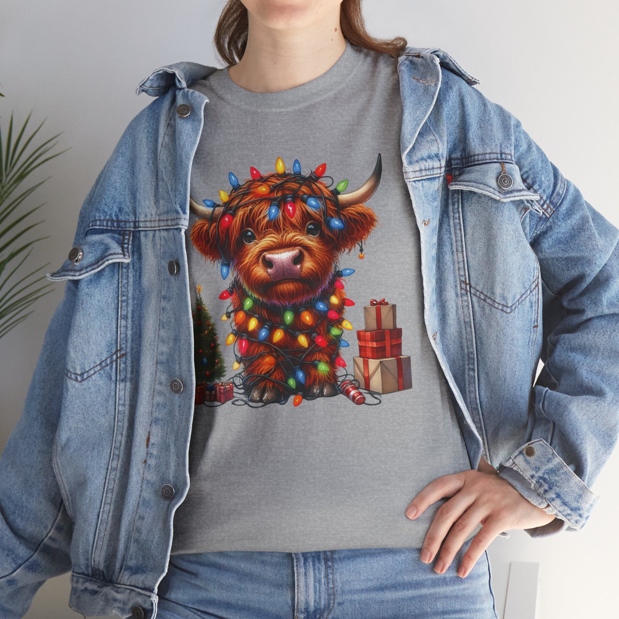 Festive Highland Cow Heavy Cotton Tee - Holiday Cheer
