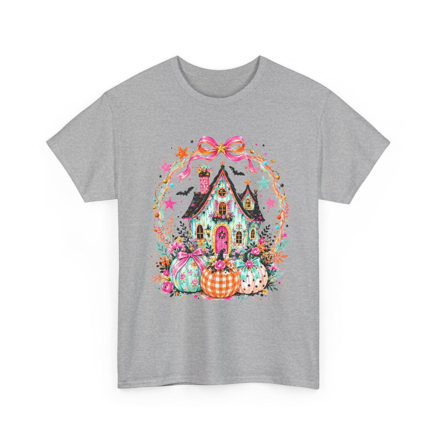 Pastel Witch House with Pumpkins & Bats