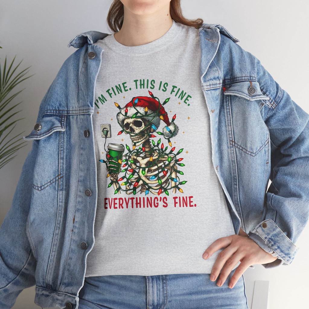 Funny Christmas Skeleton Tee - 'I'm Fine, This is Fine' Holiday T-Shirt