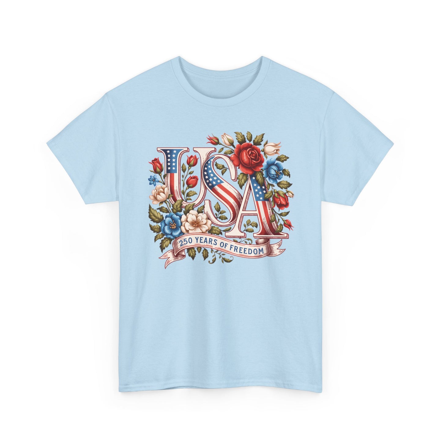 USA Floral Patriotic T-Shirt – "250 Years of Freedom" Vintage Americana Tee