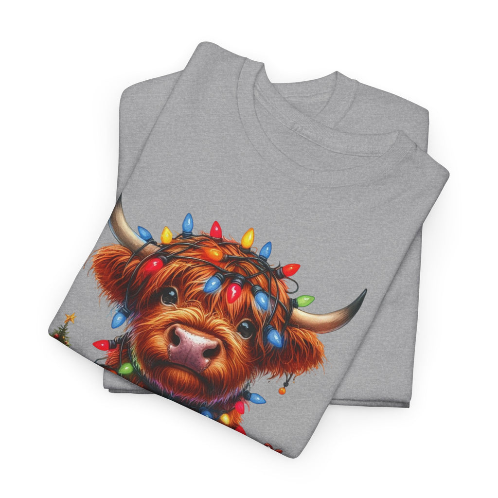 Festive Highland Cow Heavy Cotton Tee - Holiday Cheer