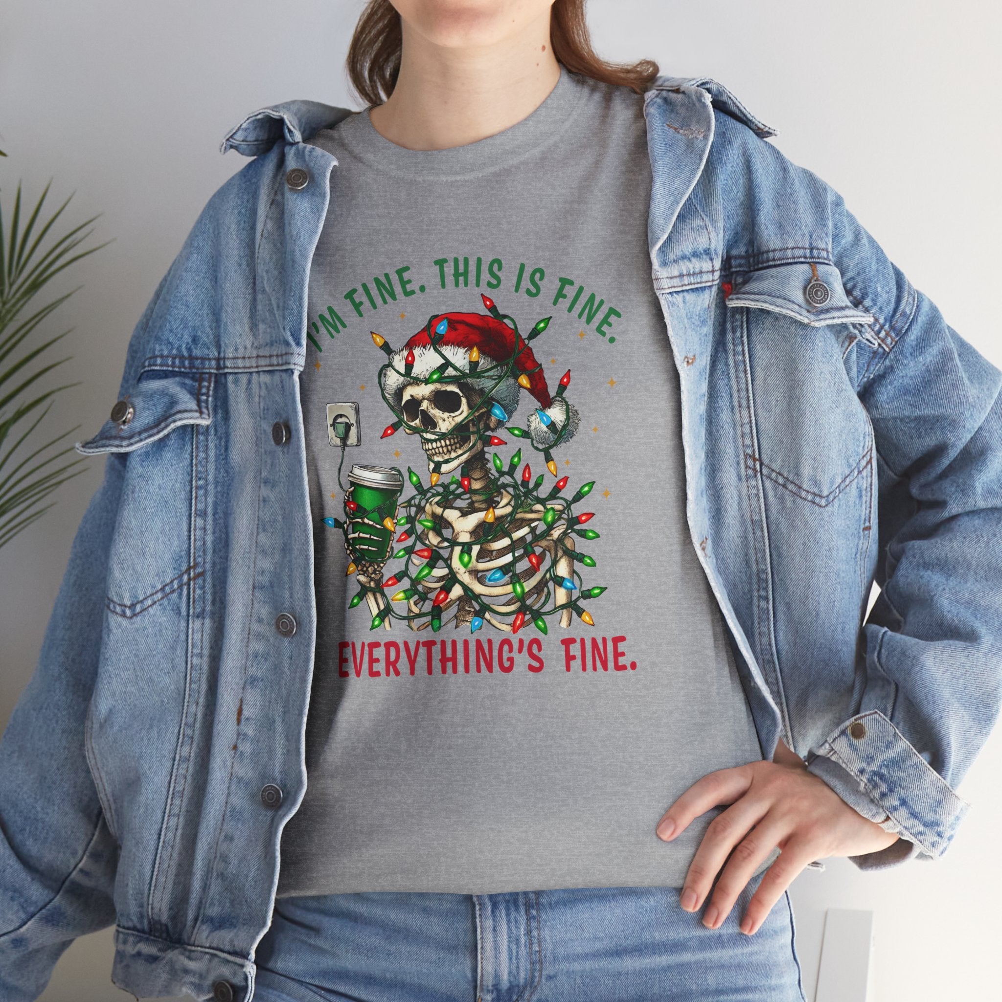 Funny Christmas Skeleton Tee - 'I'm Fine, This is Fine' Holiday T-Shirt