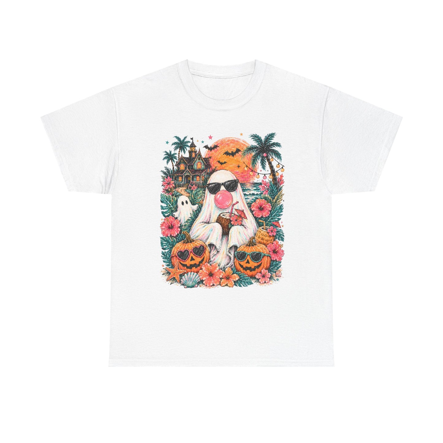 Cool Ghost with Sunglasses T-Shirt | Tropical Halloween Pumpkin Floral Tee