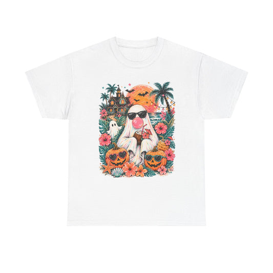 Cool Ghost with Sunglasses T-Shirt | Tropical Halloween Pumpkin Floral Tee