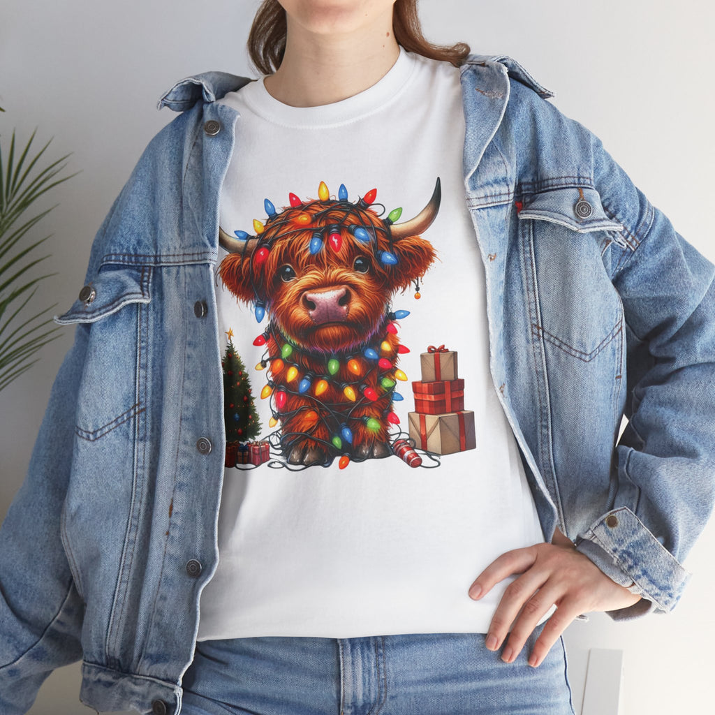 Festive Highland Cow Heavy Cotton Tee - Holiday Cheer