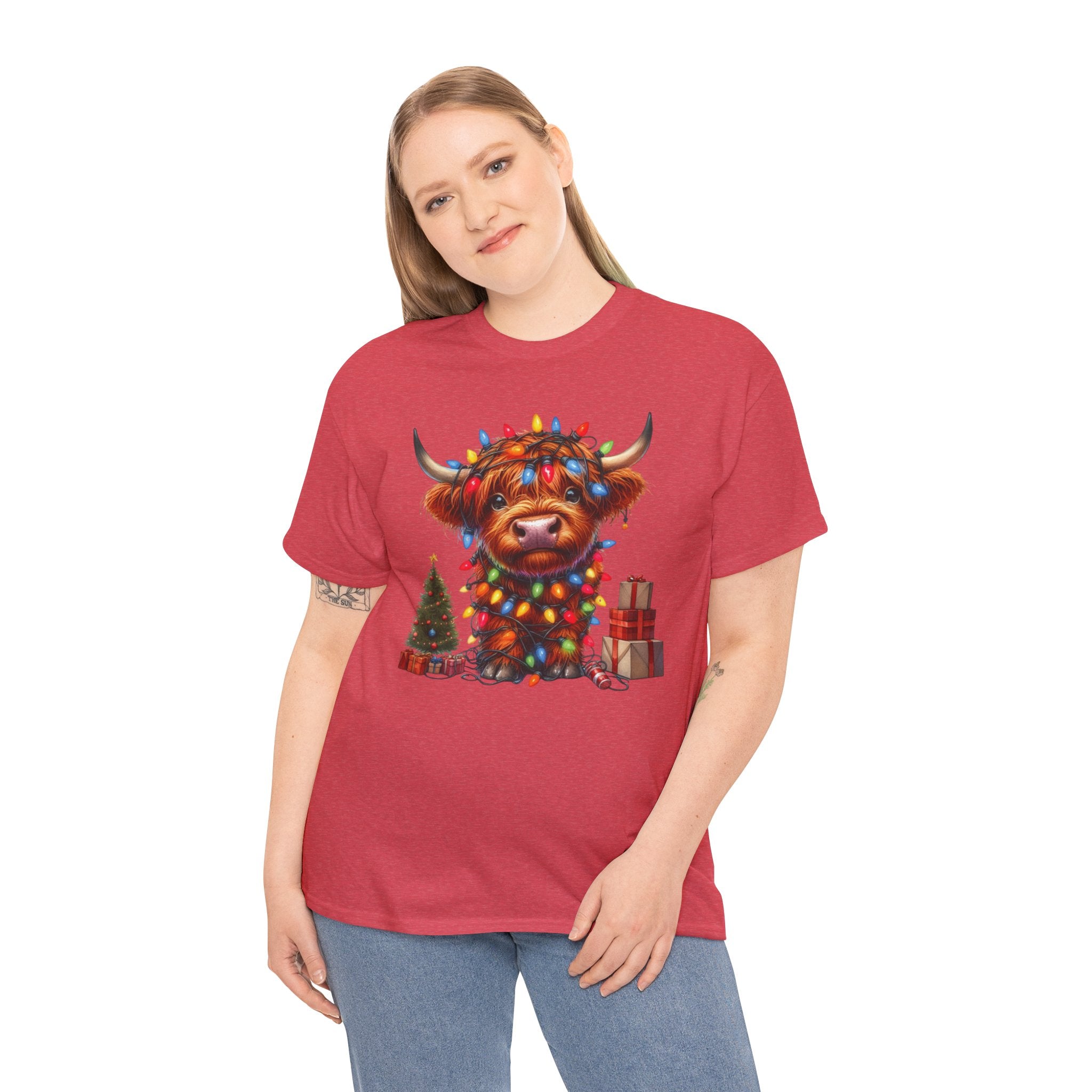 Festive Highland Cow Heavy Cotton Tee - Holiday Cheer