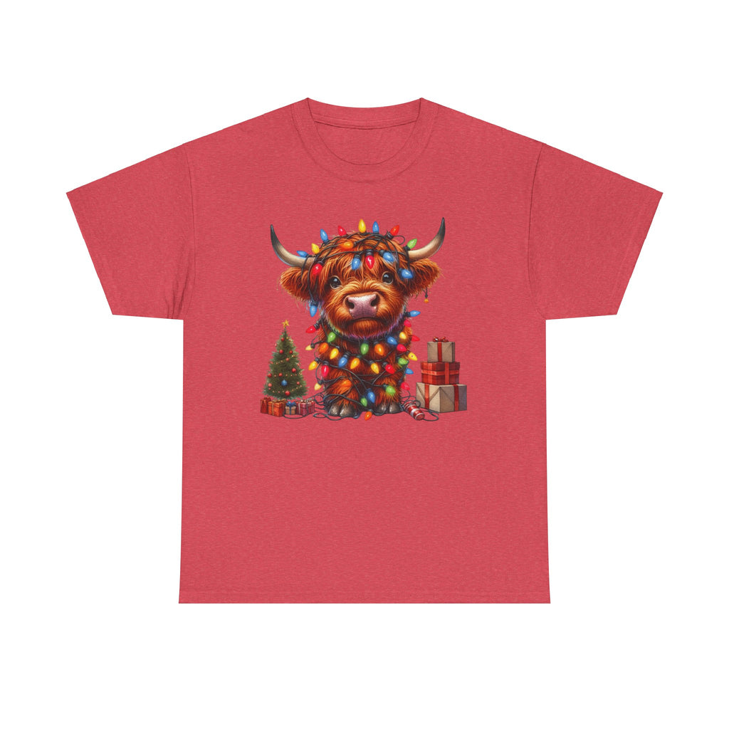 Festive Highland Cow Heavy Cotton Tee - Holiday Cheer