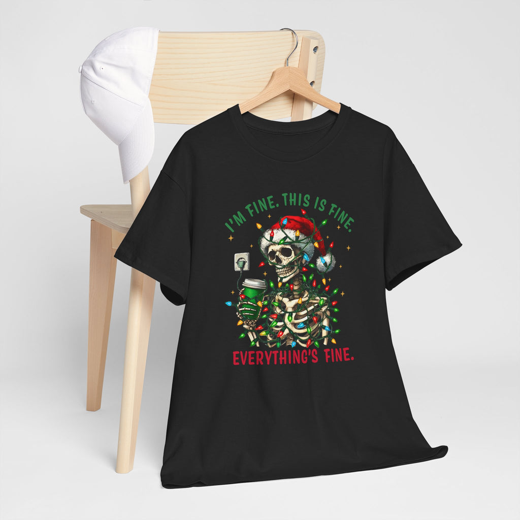 Funny Christmas Skeleton Tee - 'I'm Fine, This is Fine' Holiday T-Shirt