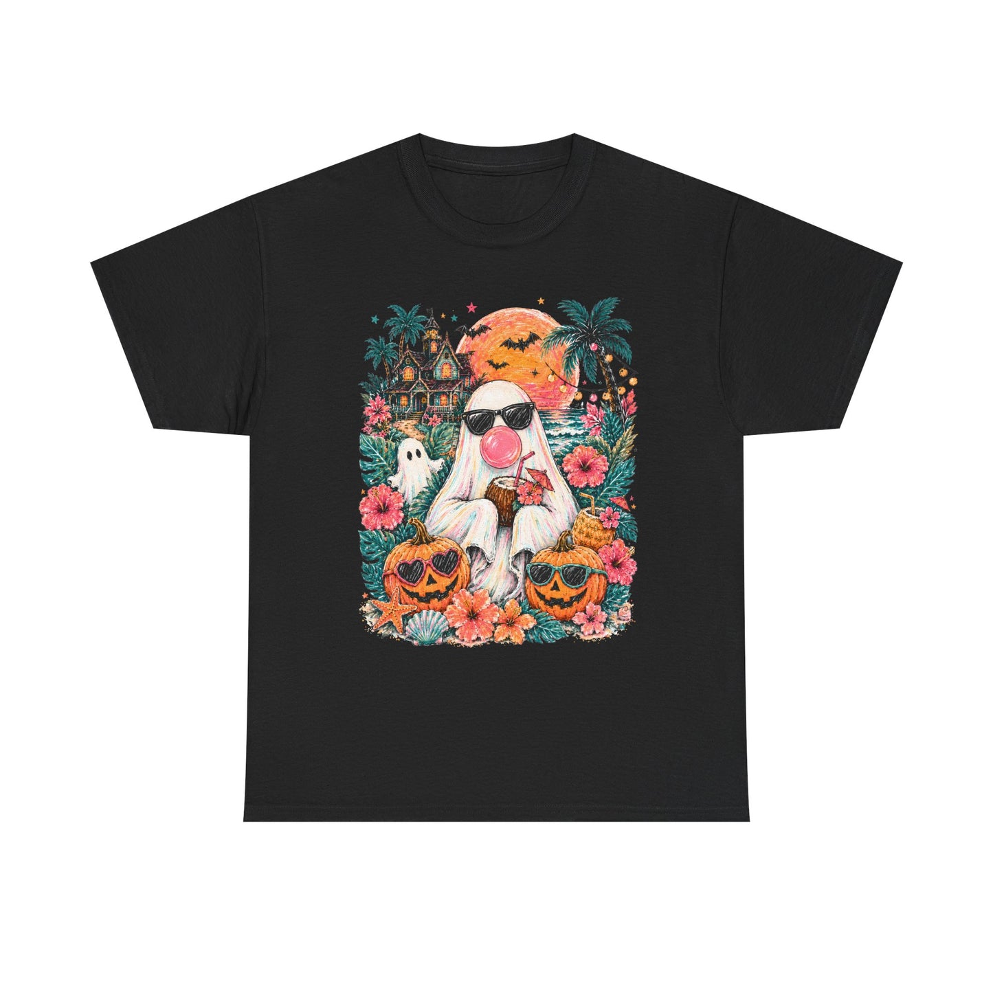 Cool Ghost with Sunglasses T-Shirt | Tropical Halloween Pumpkin Floral Tee
