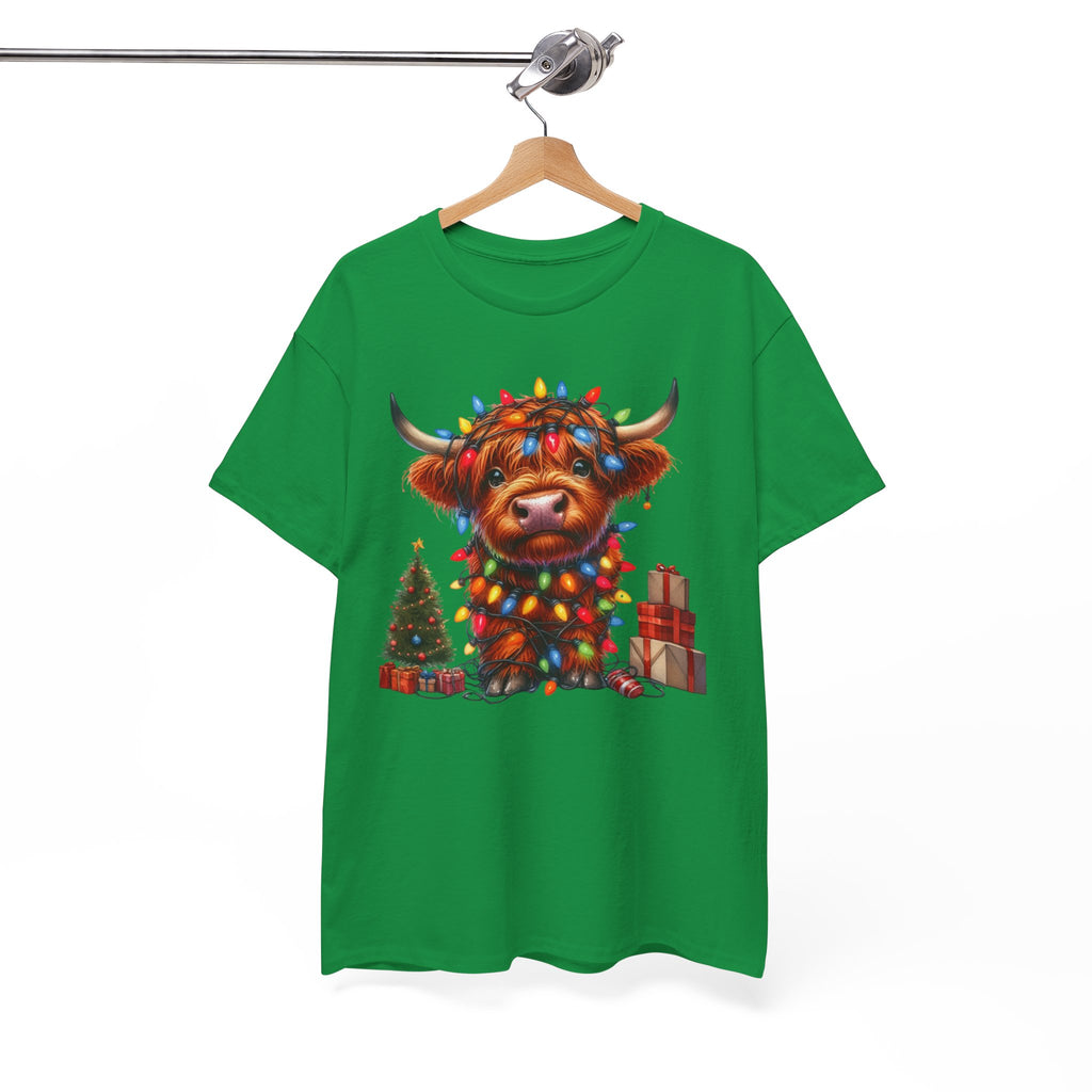 Festive Highland Cow Heavy Cotton Tee - Holiday Cheer