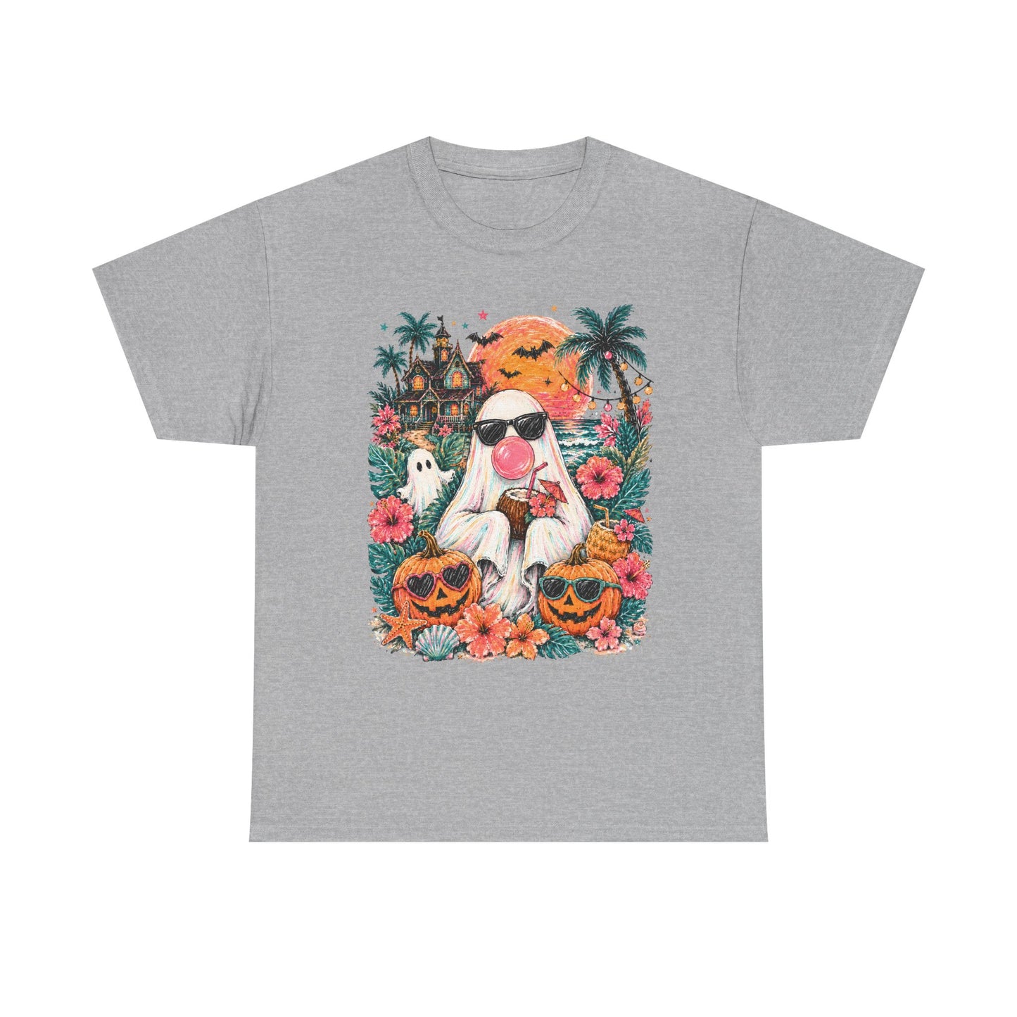 Cool Ghost with Sunglasses T-Shirt | Tropical Halloween Pumpkin Floral Tee