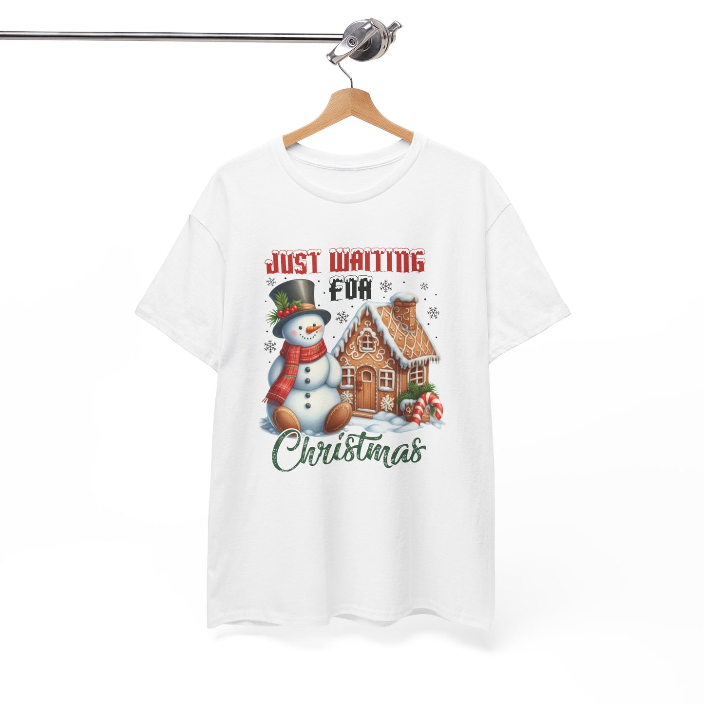Christmas Snowman Heavy Cotton Tee - 'Just Waiting for Christmas'
