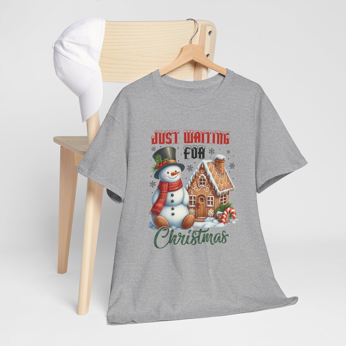 Christmas Snowman Heavy Cotton Tee - 'Just Waiting for Christmas'