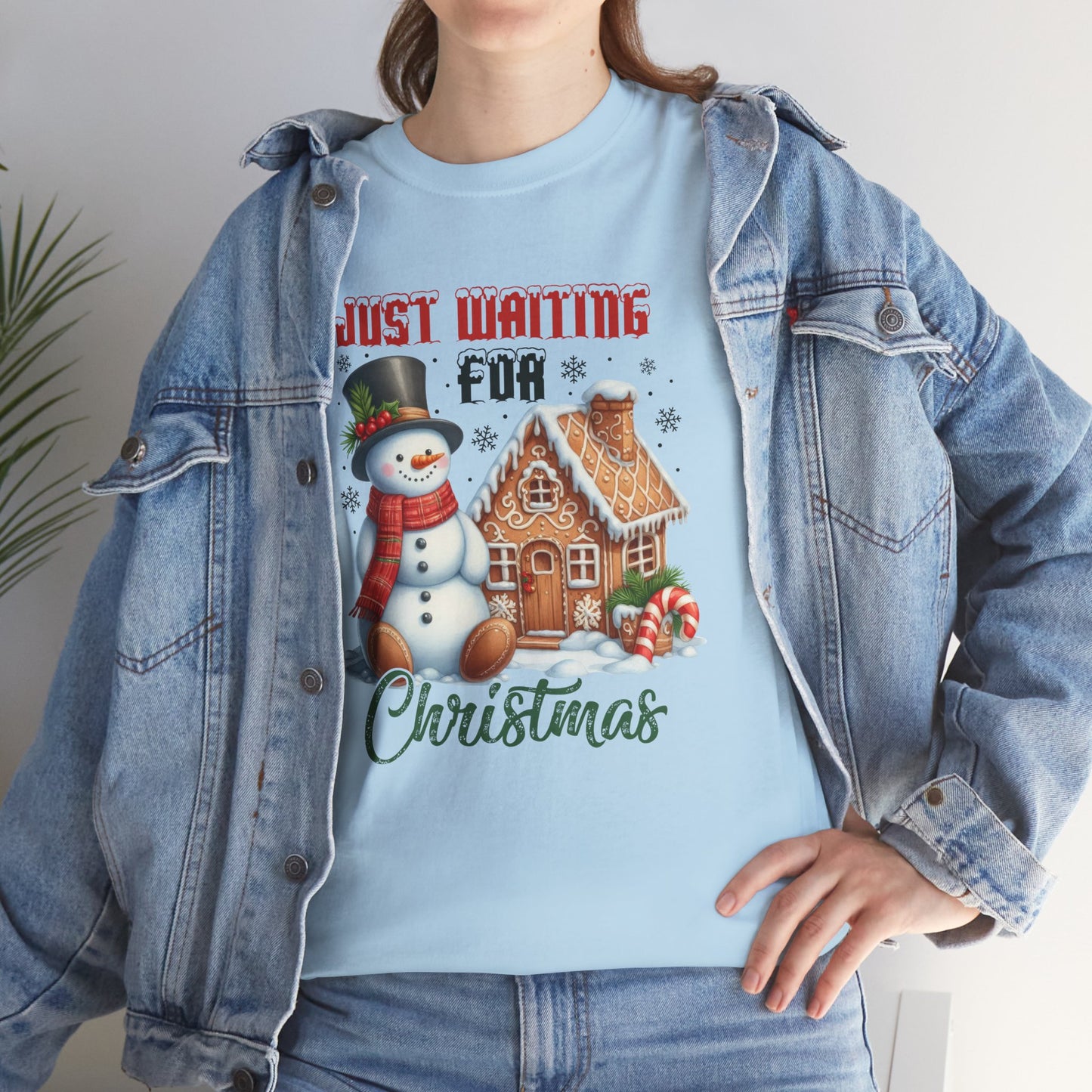 Christmas Snowman Heavy Cotton Tee - 'Just Waiting for Christmas'