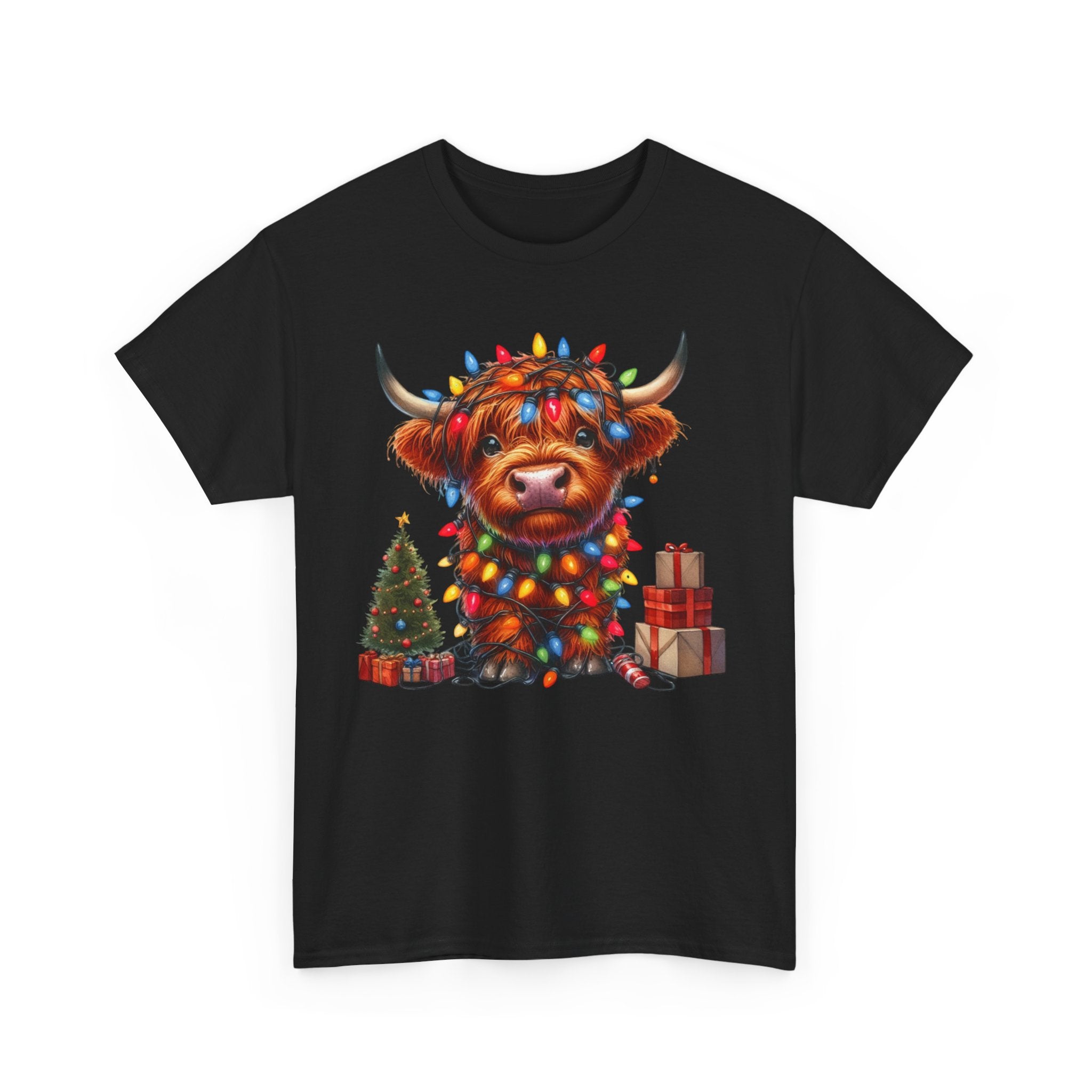 Festive Highland Cow Heavy Cotton Tee - Holiday Cheer