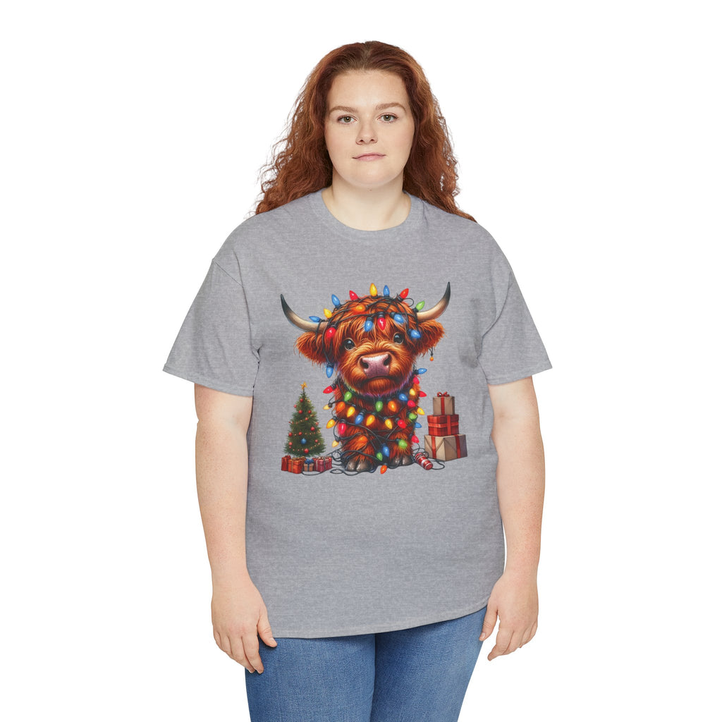 Festive Highland Cow Heavy Cotton Tee - Holiday Cheer