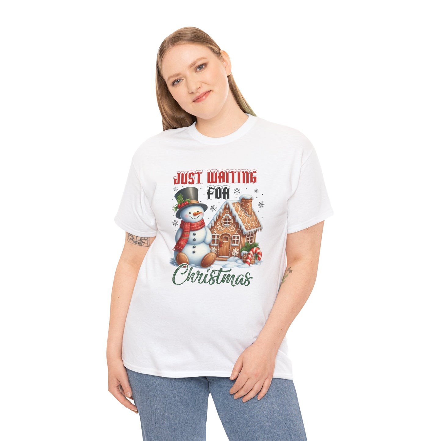 Christmas Snowman Heavy Cotton Tee - 'Just Waiting for Christmas'