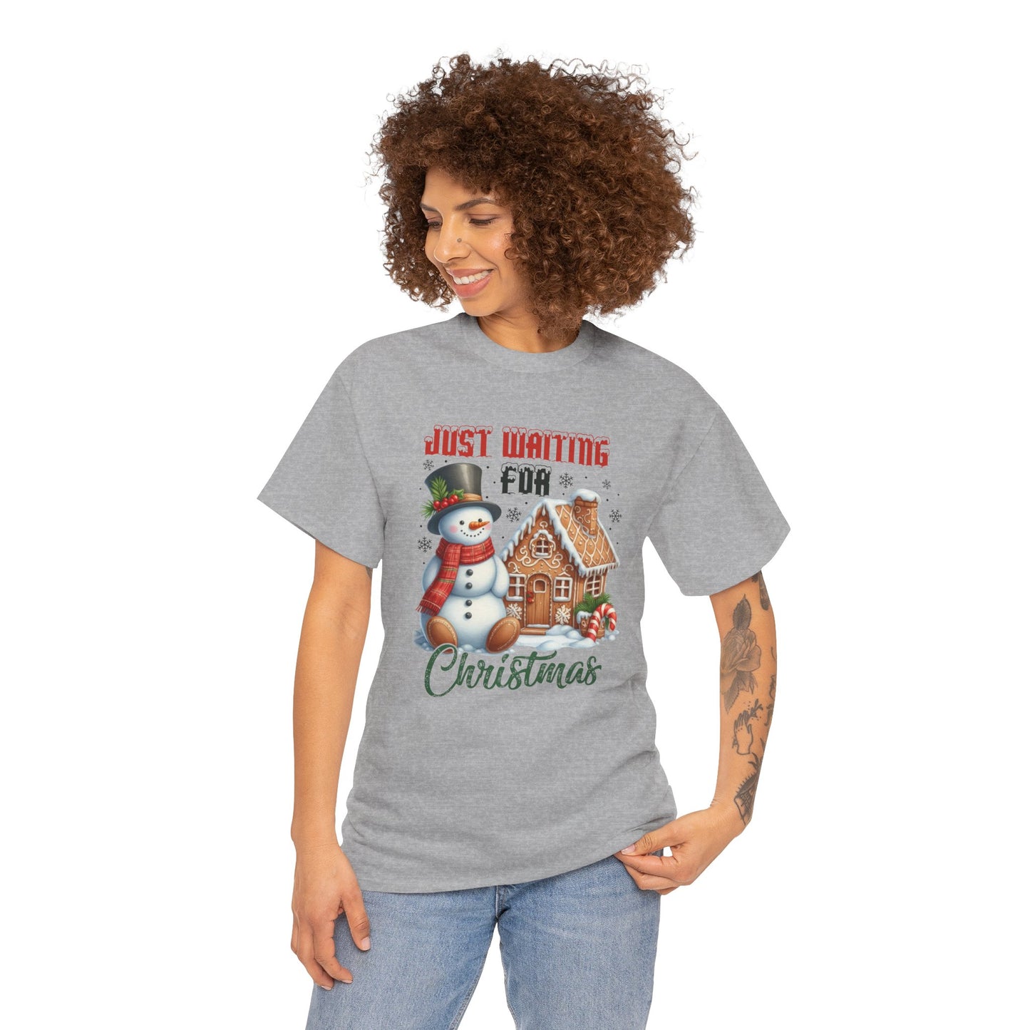 Christmas Snowman Heavy Cotton Tee - 'Just Waiting for Christmas'