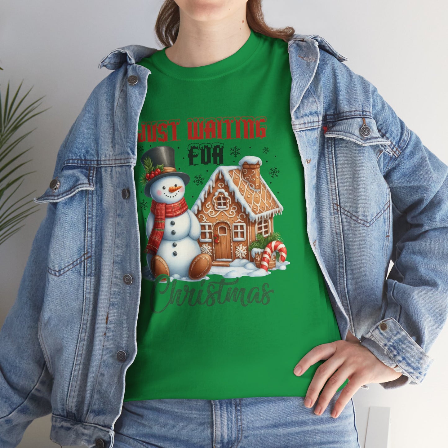 Christmas Snowman Heavy Cotton Tee - 'Just Waiting for Christmas'