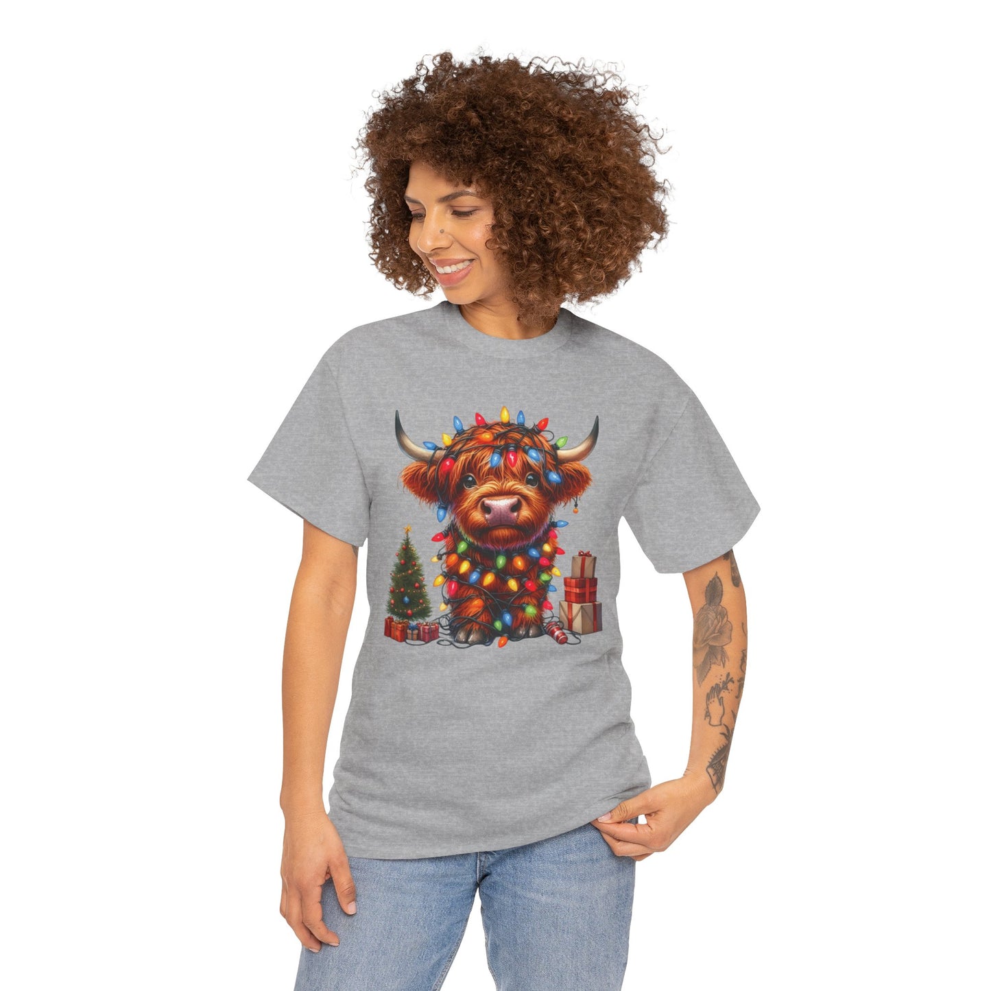 Festive Highland Cow Heavy Cotton Tee - Holiday Cheer