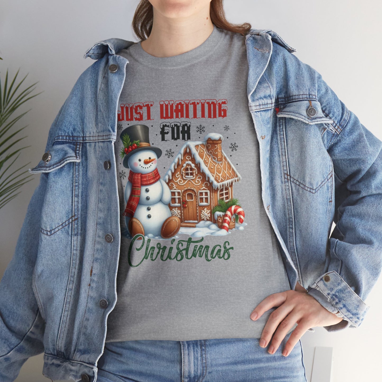 Christmas Snowman Heavy Cotton Tee - 'Just Waiting for Christmas'