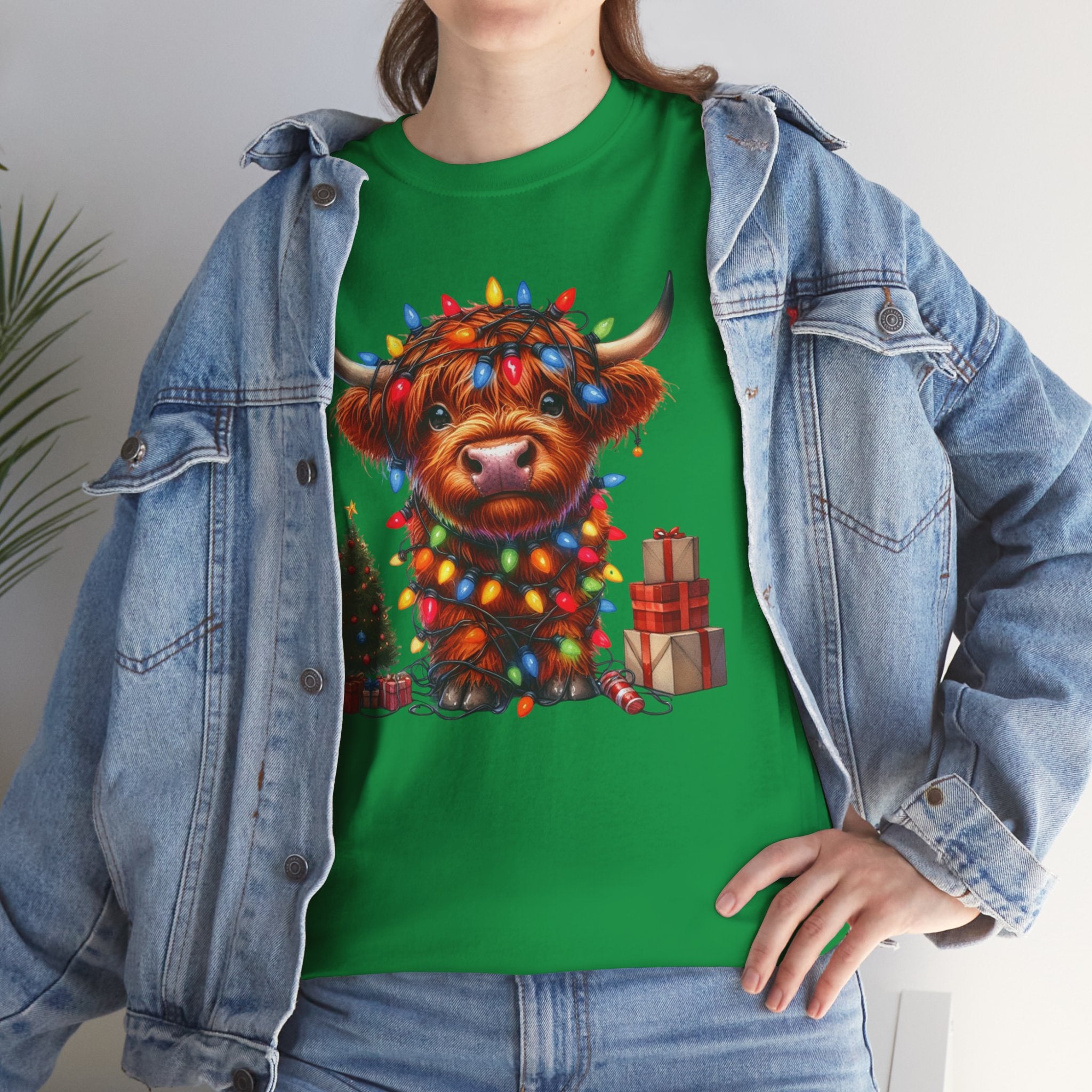 Festive Highland Cow Heavy Cotton Tee - Holiday Cheer