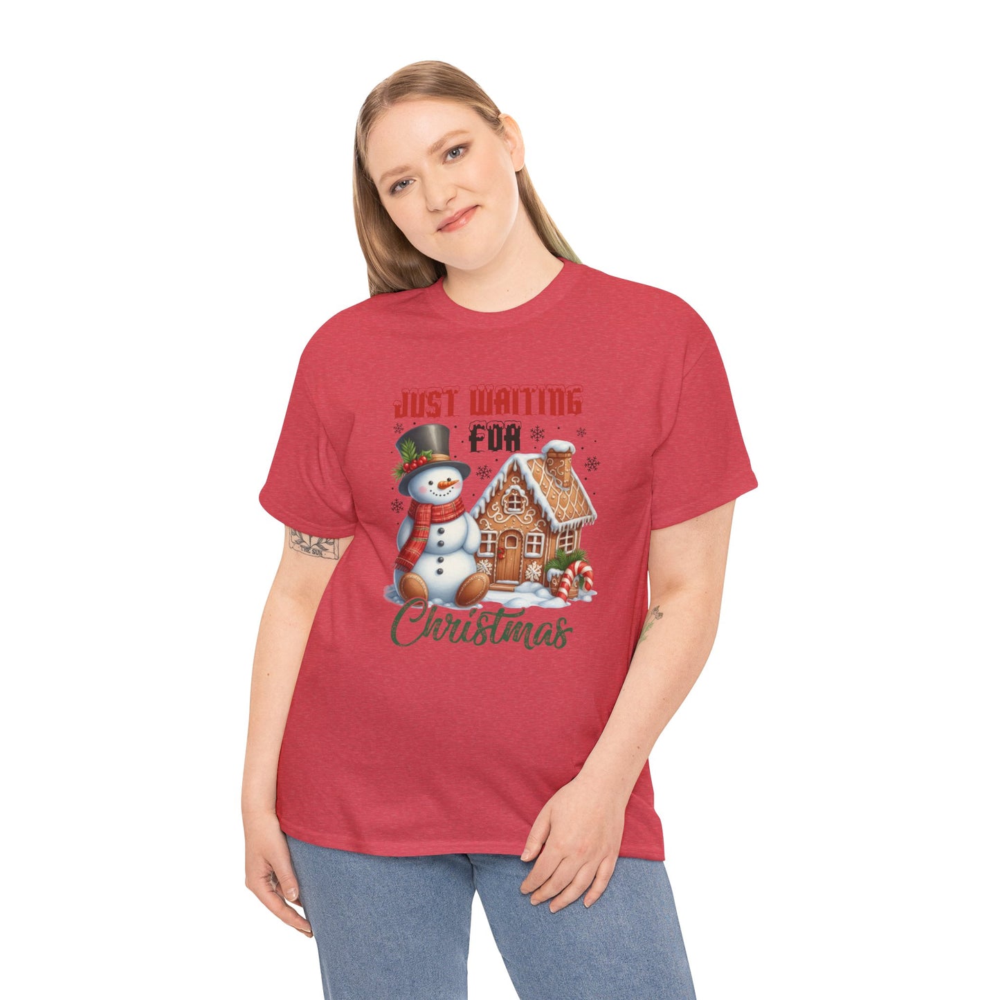 Christmas Snowman Heavy Cotton Tee - 'Just Waiting for Christmas'