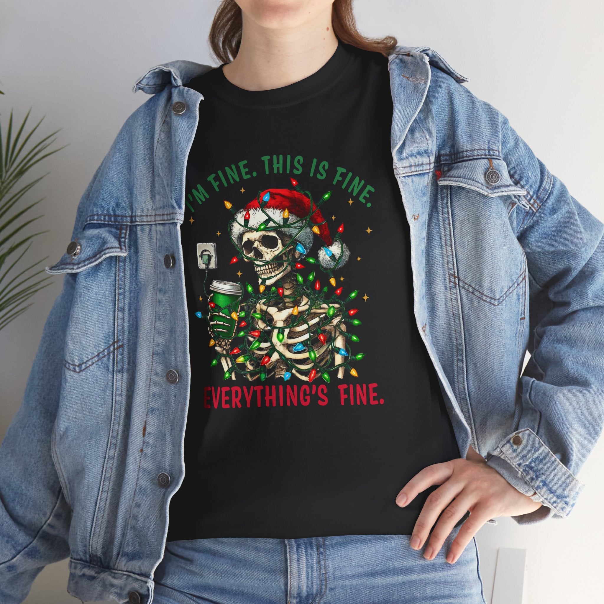 Funny Christmas Skeleton Tee - 'I'm Fine, This is Fine' Holiday T-Shirt