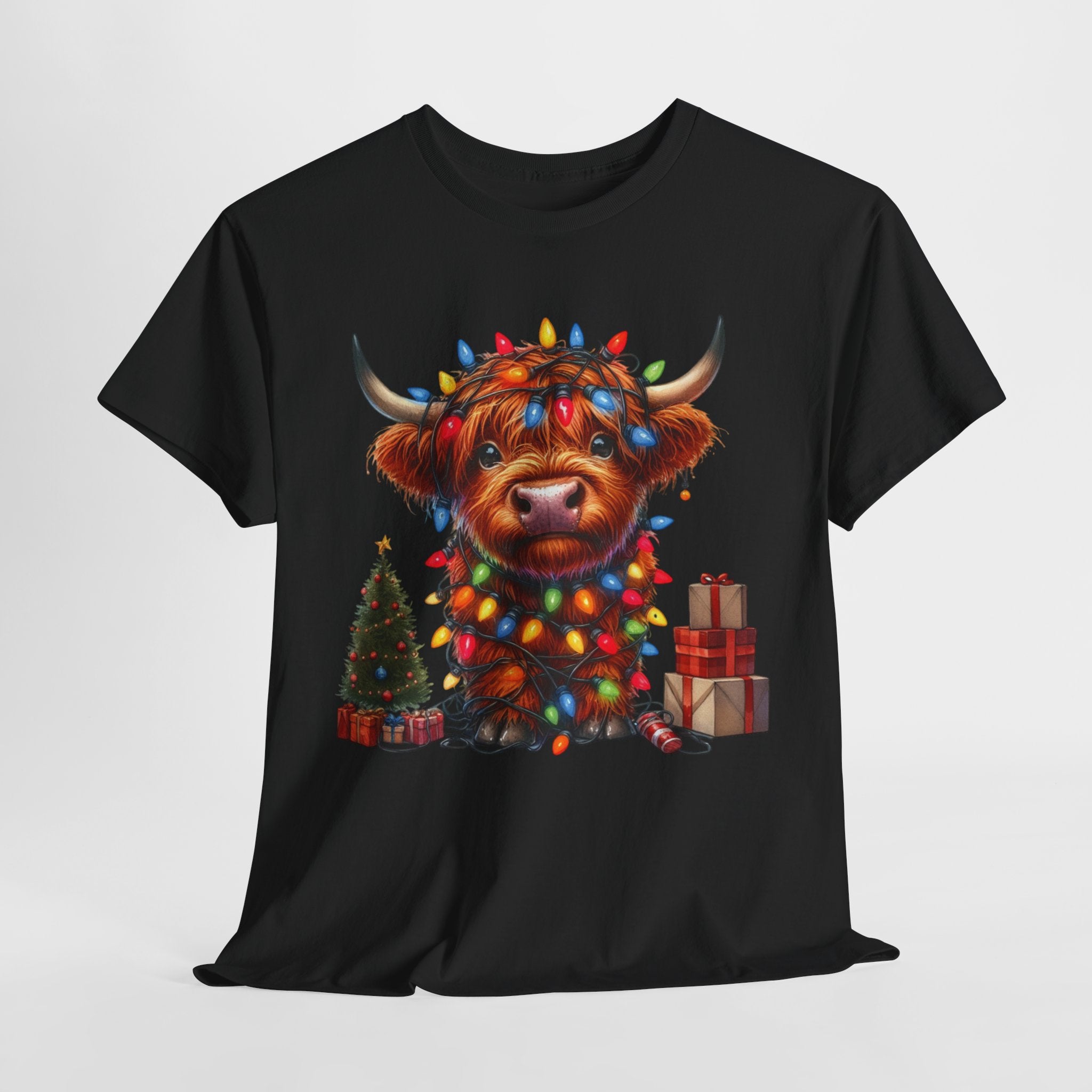 Festive Highland Cow Heavy Cotton Tee - Holiday Cheer
