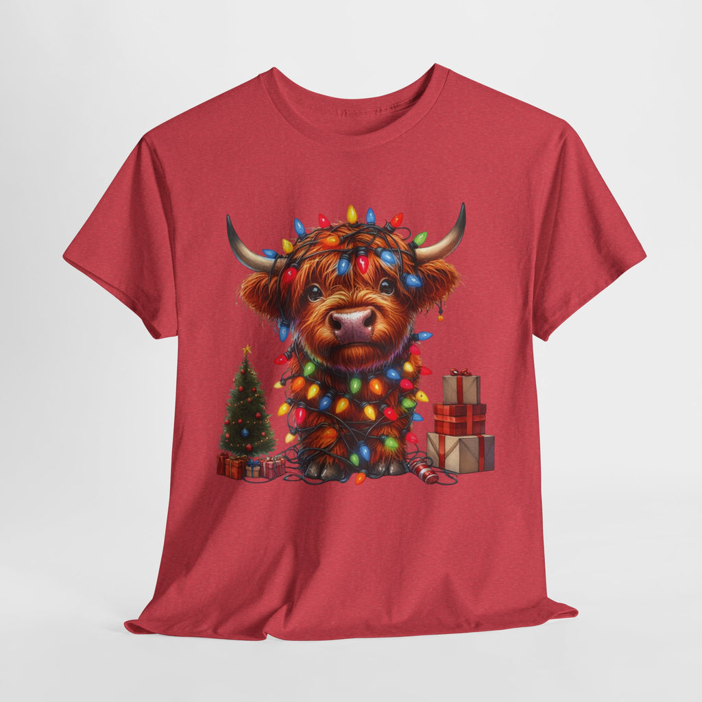 Festive Highland Cow Heavy Cotton Tee - Holiday Cheer