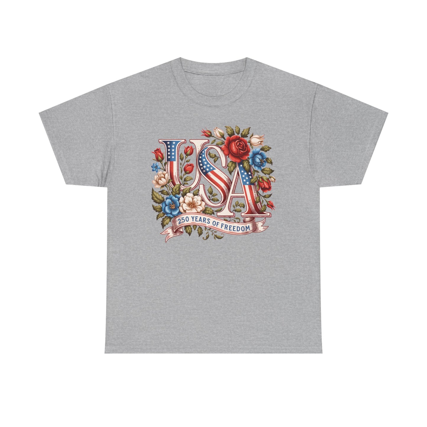 USA Floral Patriotic T-Shirt – "250 Years of Freedom" Vintage Americana Tee