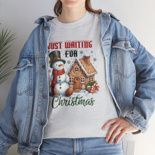 Christmas Snowman Heavy Cotton Tee - 'Just Waiting for Christmas'