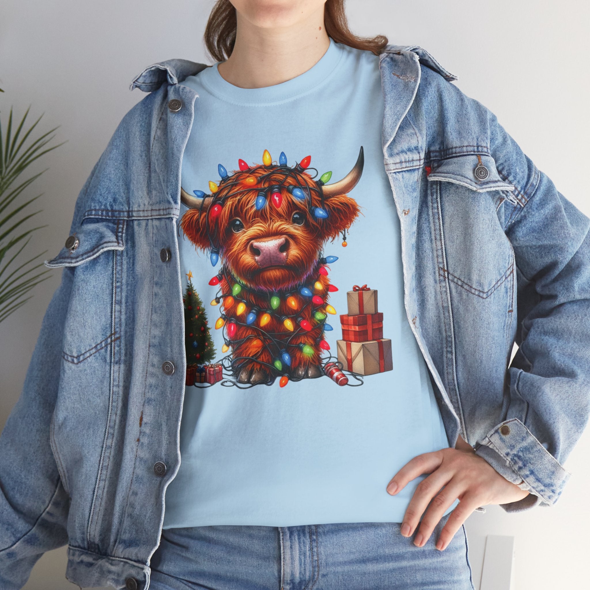 Festive Highland Cow Heavy Cotton Tee - Holiday Cheer