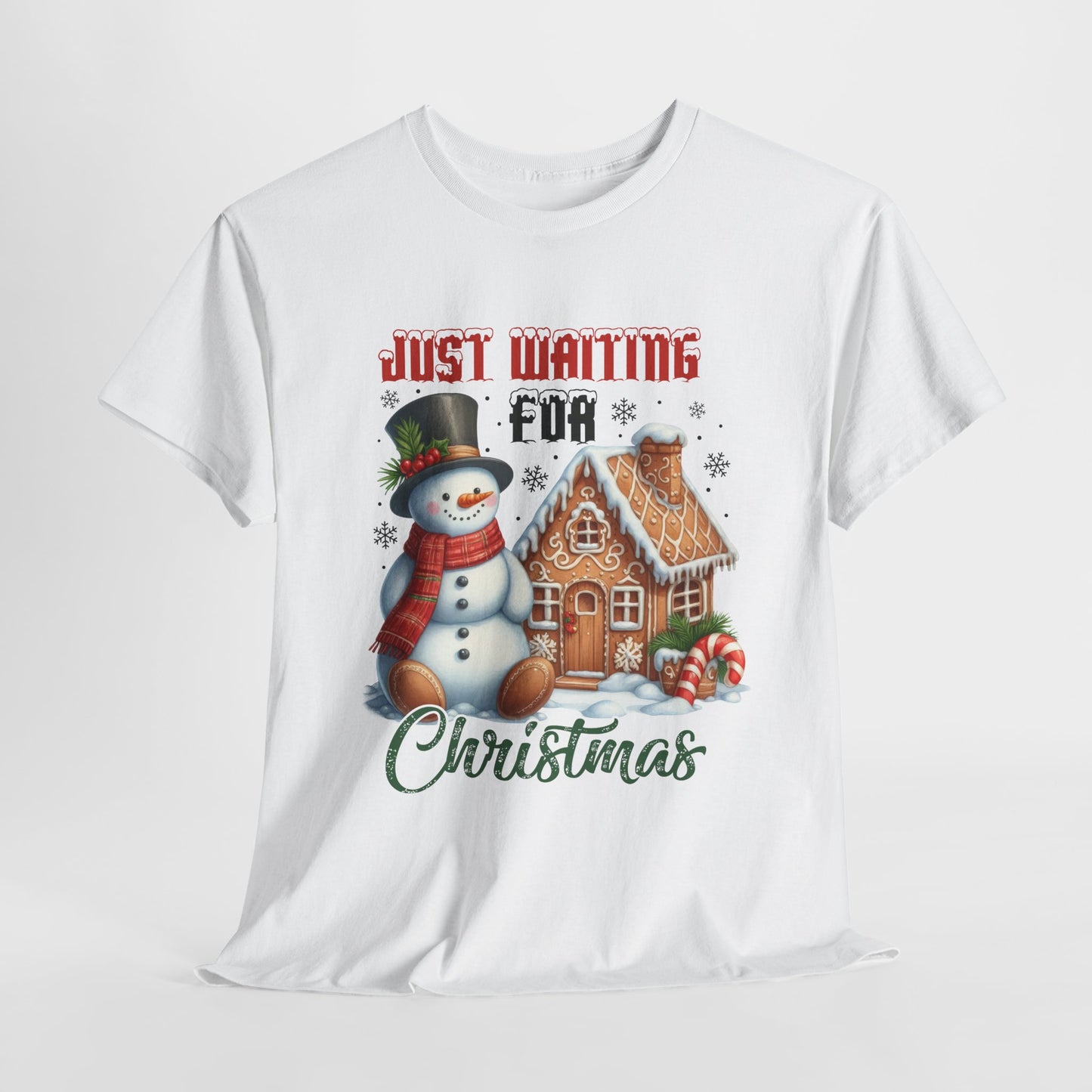 Christmas Snowman Heavy Cotton Tee - 'Just Waiting for Christmas'