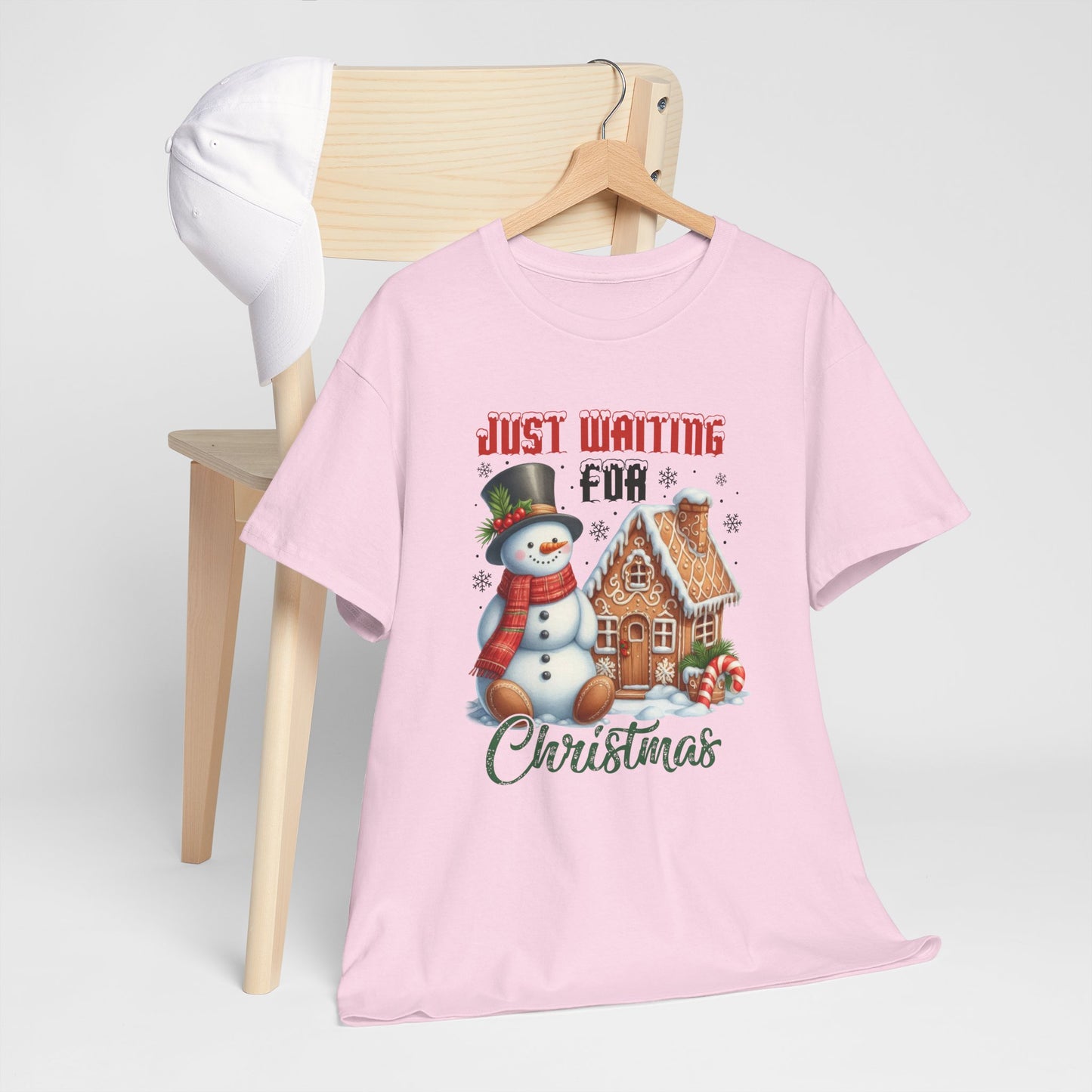 Christmas Snowman Heavy Cotton Tee - 'Just Waiting for Christmas'