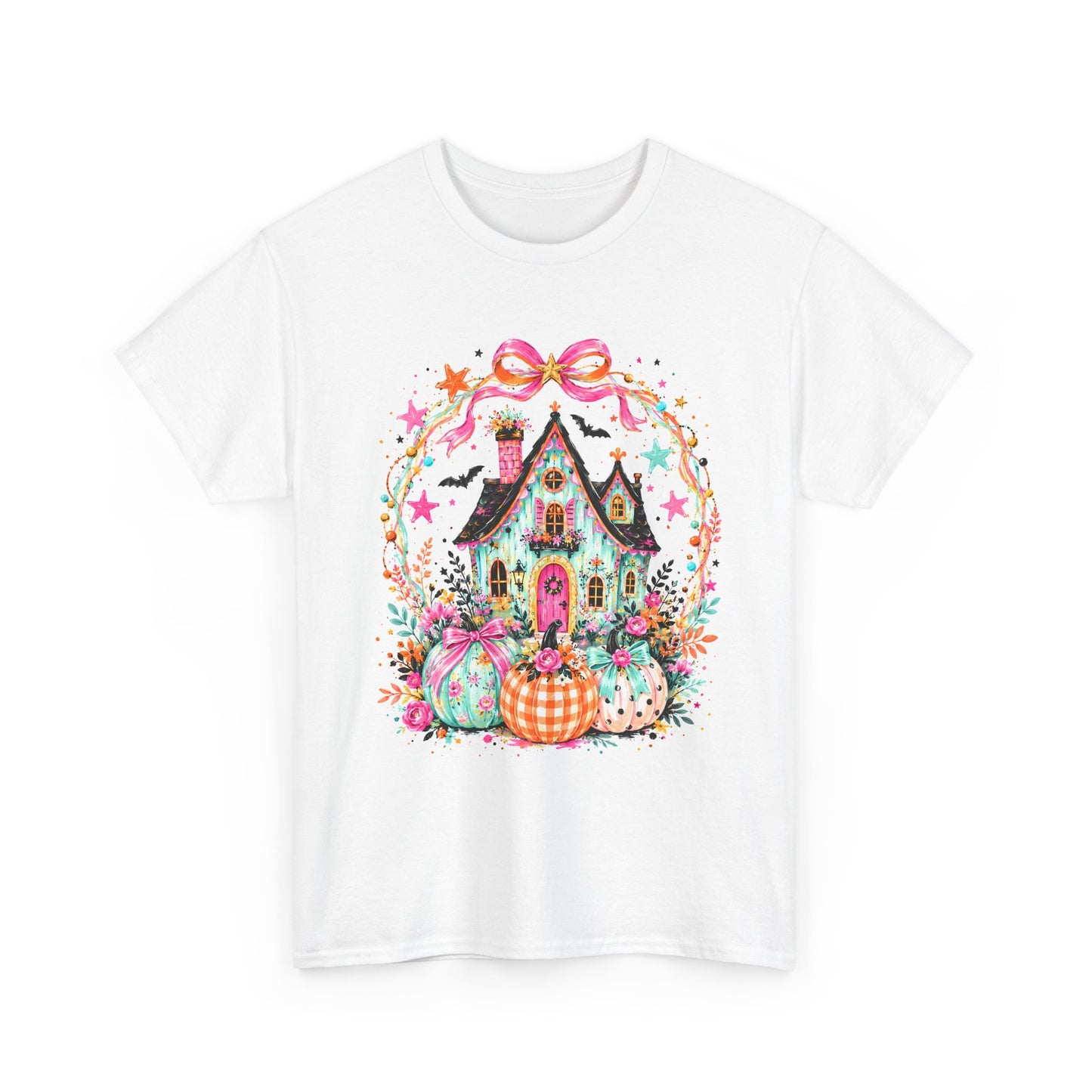 Pastel Witch House with Pumpkins & Bats