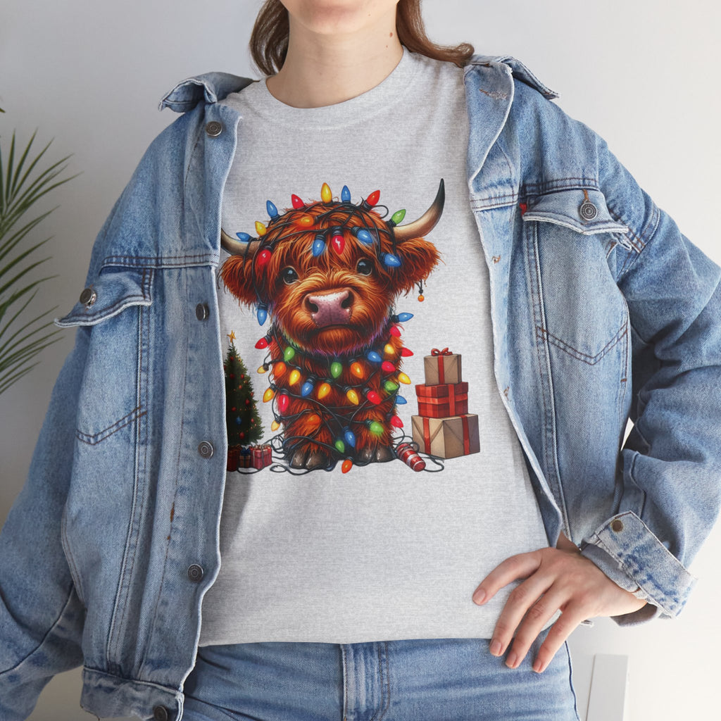 Festive Highland Cow Heavy Cotton Tee - Holiday Cheer