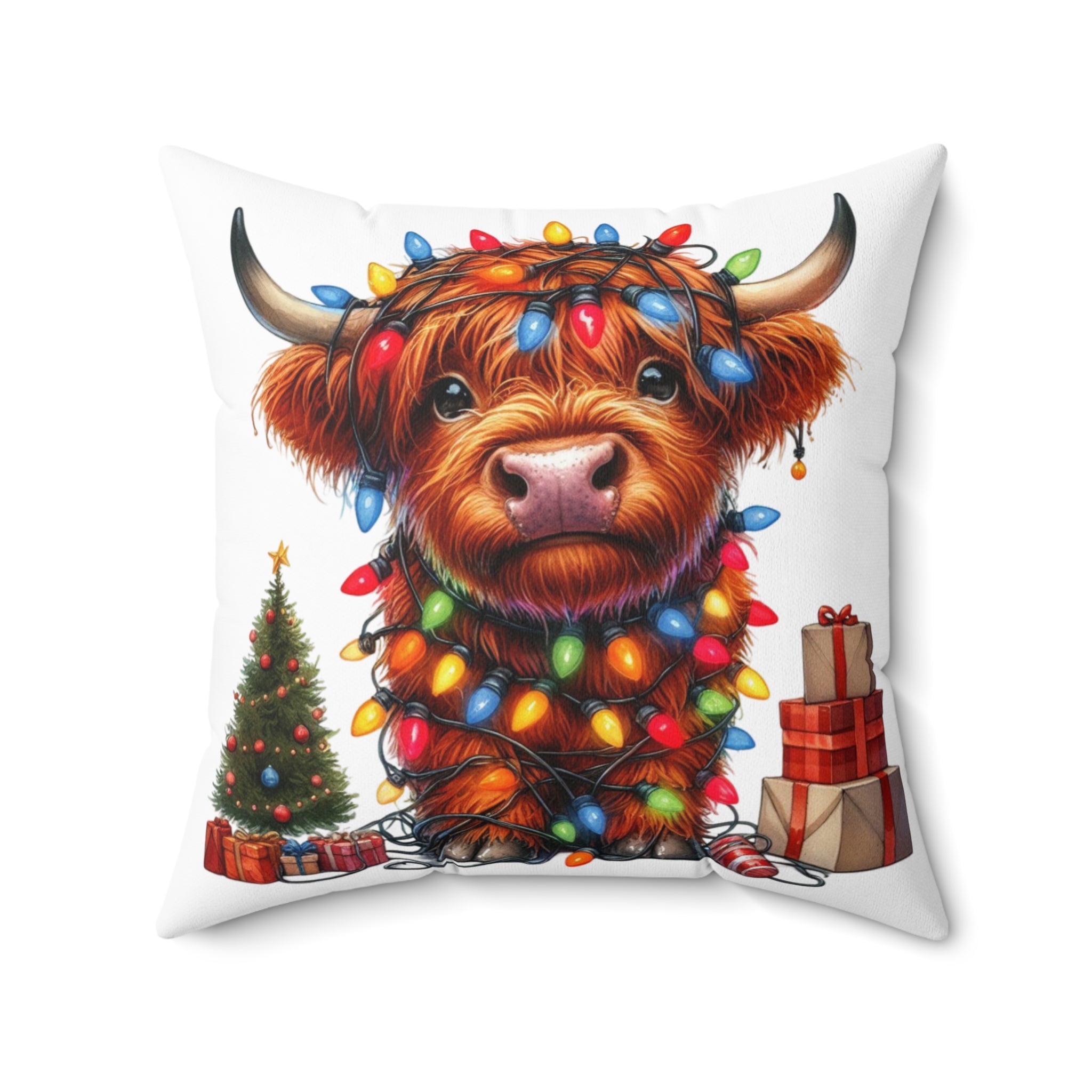 Festive Highland Cow Pillow - Holiday Decor with Christmas Lights