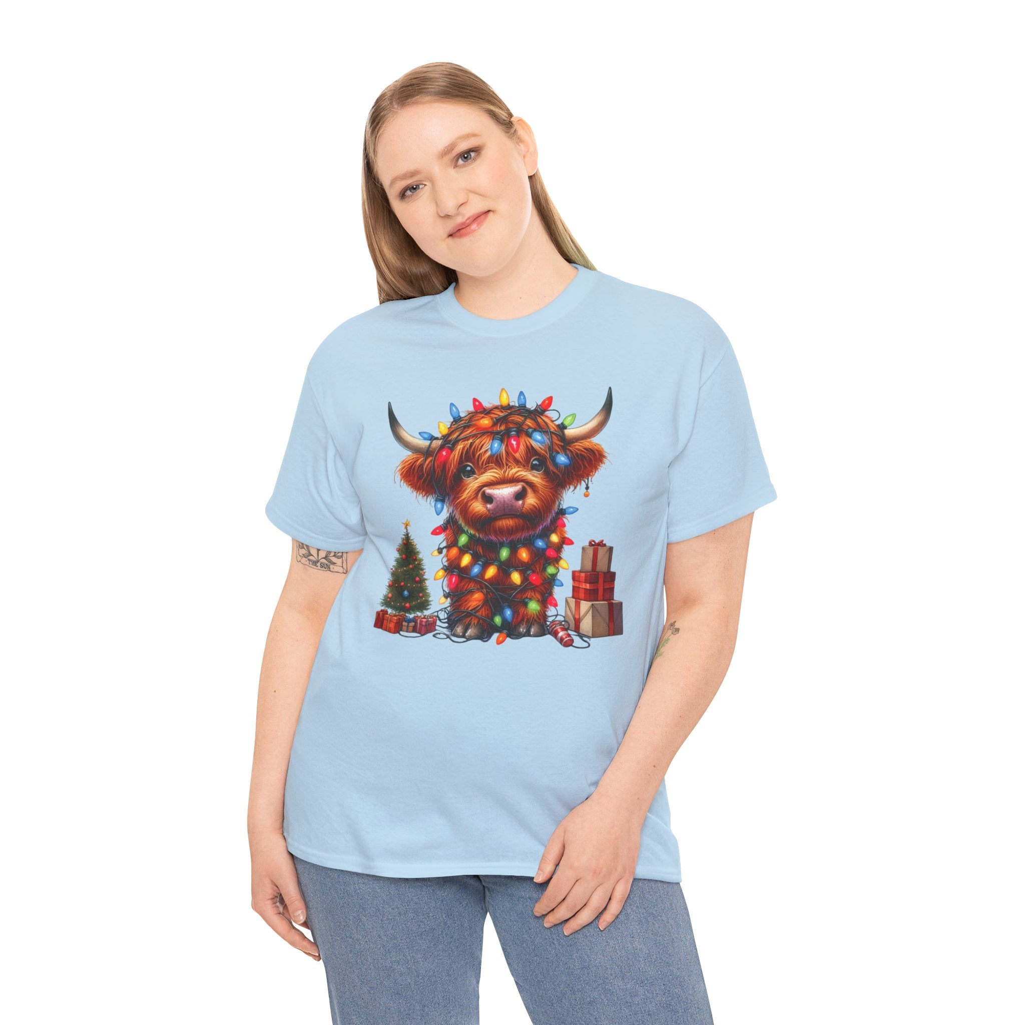 Festive Highland Cow Heavy Cotton Tee - Holiday Cheer