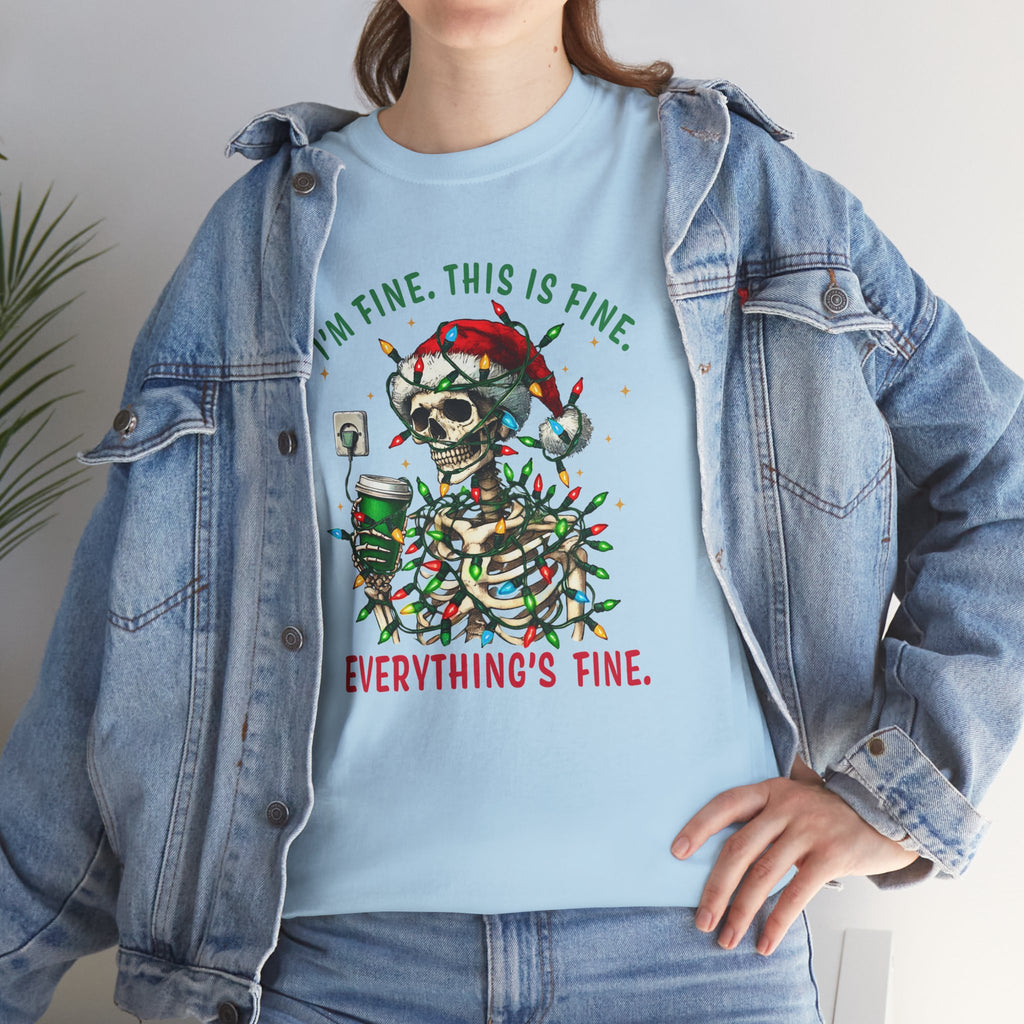 Funny Christmas Skeleton Tee - 'I'm Fine, This is Fine' Holiday T-Shirt