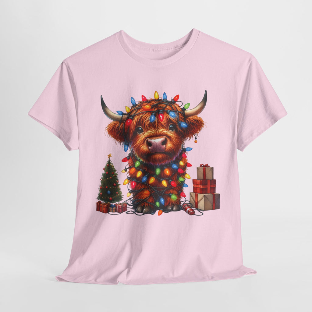 Festive Highland Cow Heavy Cotton Tee - Holiday Cheer