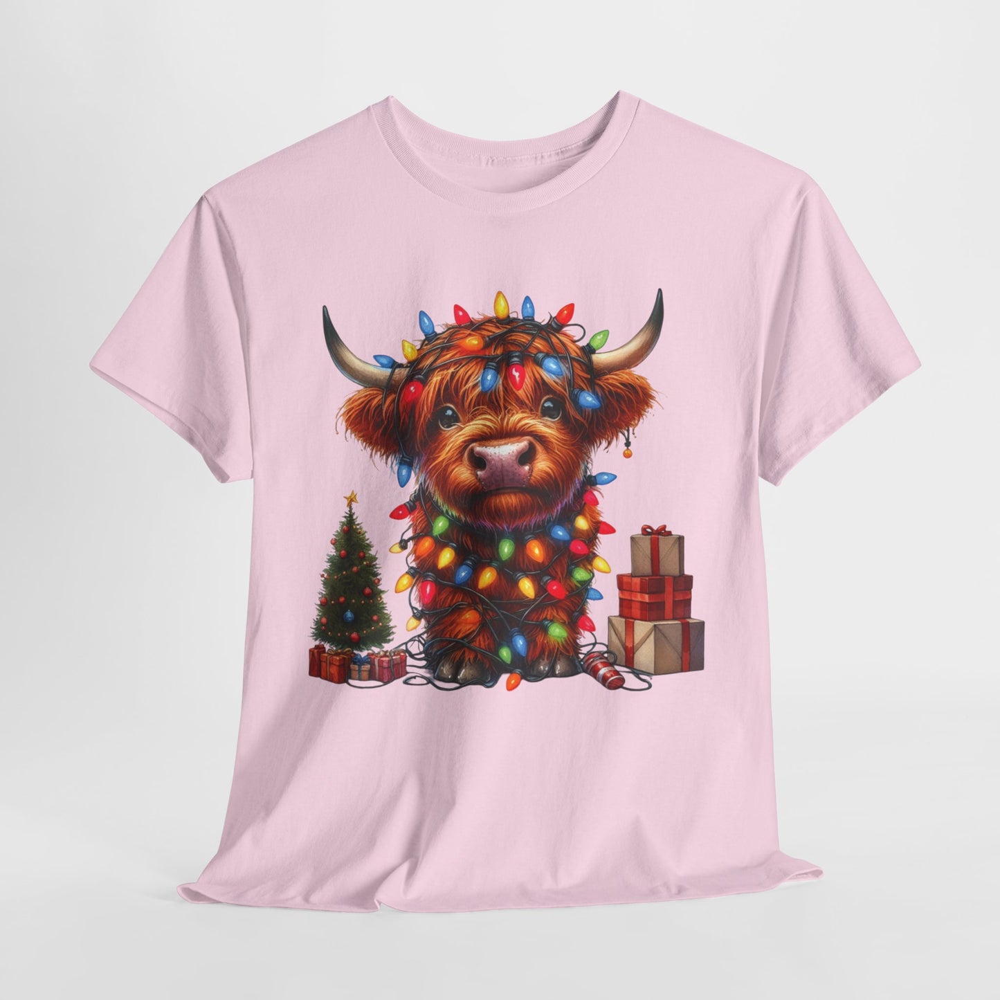 Festive Highland Cow Heavy Cotton Tee - Holiday Cheer