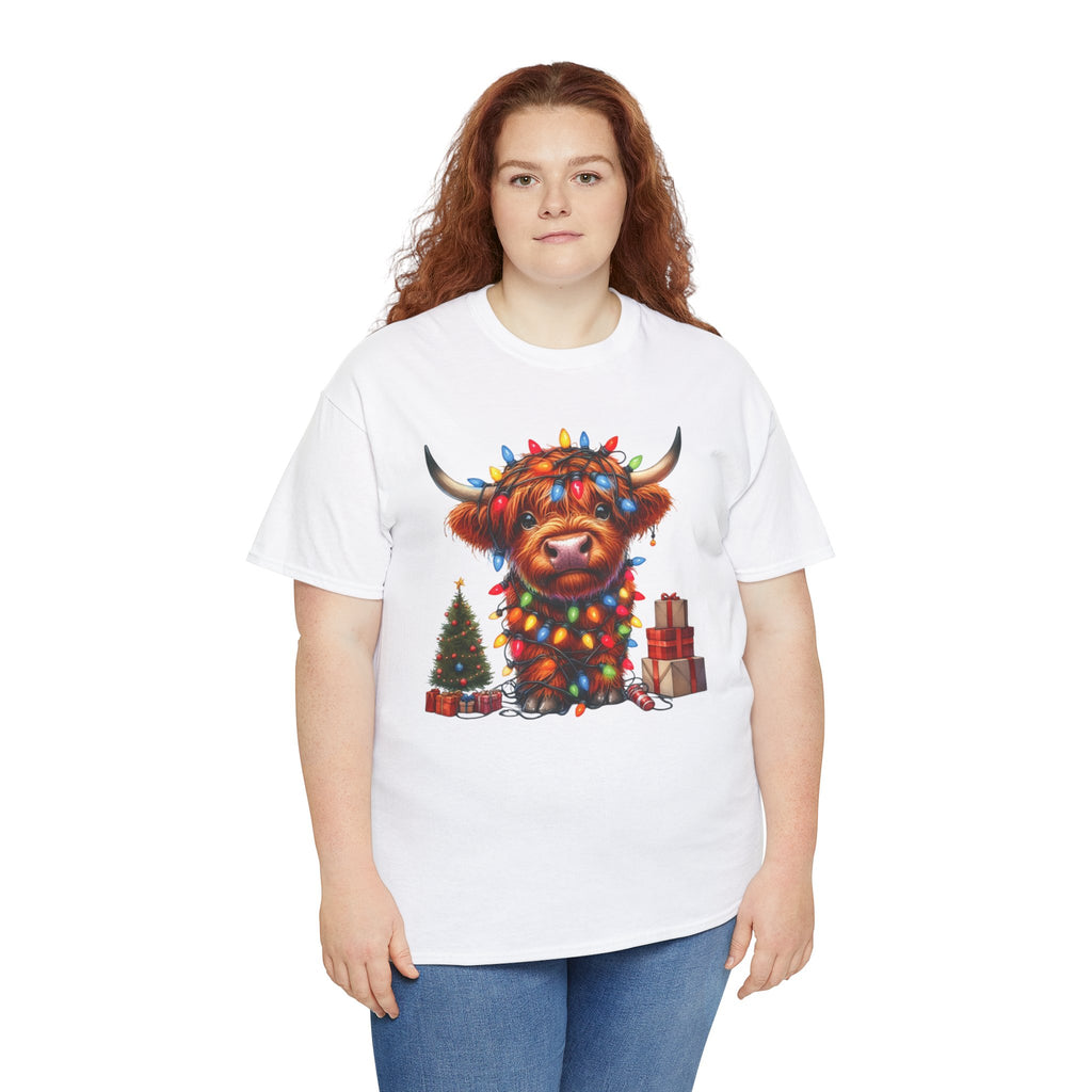 Festive Highland Cow Heavy Cotton Tee - Holiday Cheer