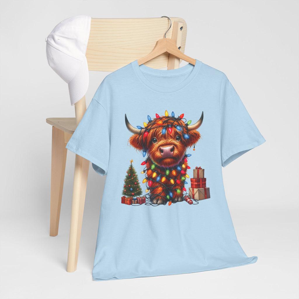 Festive Highland Cow Heavy Cotton Tee - Holiday Cheer