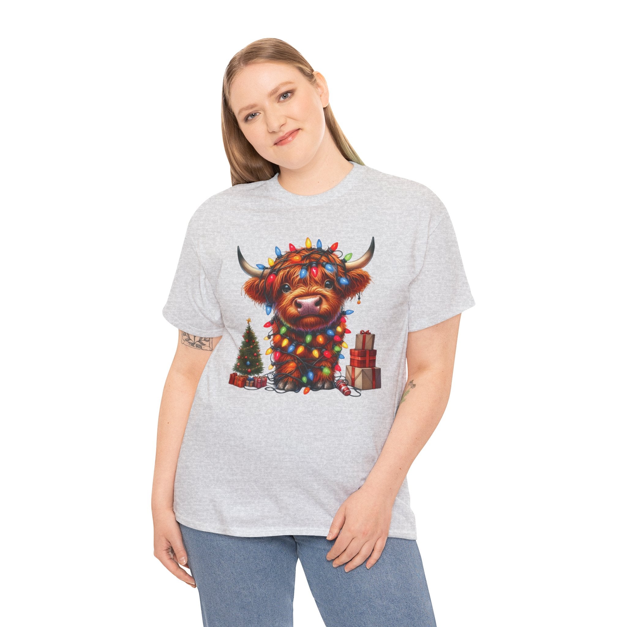 Festive Highland Cow Heavy Cotton Tee - Holiday Cheer